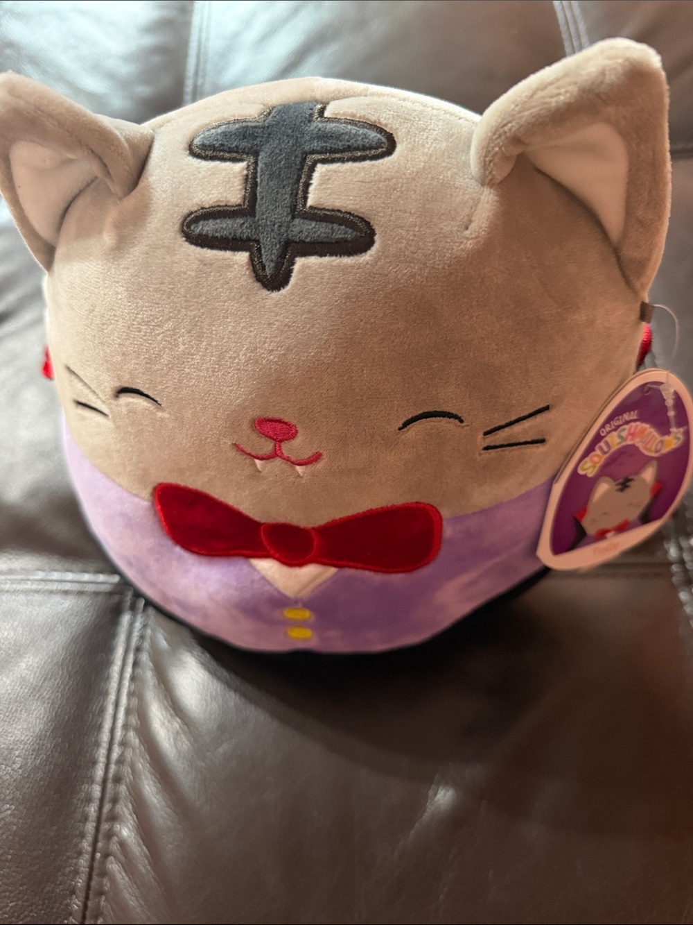 Squishmallows Gray and Purple Cat Plush with Red Bow